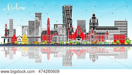 Malmo Sweden City Skyline With Color Buildings, Blue Sky And Reflections. Vector Illustration. Malmo