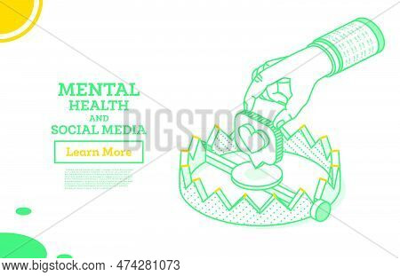 Isometric Outline Trap With Social Media Heart. Like Symbol. Vector Illustration. Mental Health Conc