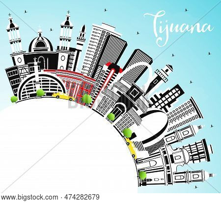 Tijuana Mexico City Skyline With Color Buildings, Blue Sky And Copy Space. Vector Illustration. Tour