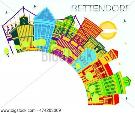 Bettendorf Iowa City Skyline With Color Buildings, Blue Sky And Copy Space. Vector Illustration. Bus