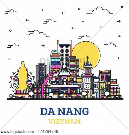 Outline Da Nang Vietnam City Skyline With Colored Historic Buildings Isolated On White. Vector Illus