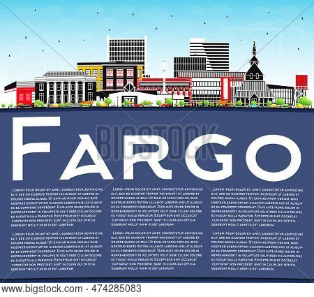 Fargo North Dakota City Skyline With Color Buildings, Blue Sky And Copy Space. Vector Illustration. 