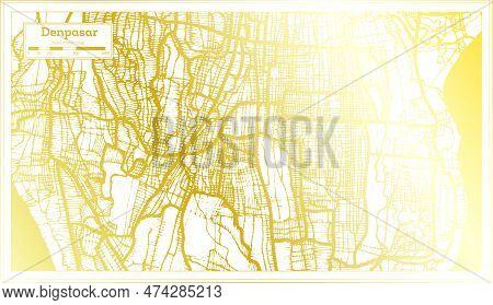 Denpasar Indonesia City Map In Retro Style In Golden Color. Outline Map. Vector Illustration.