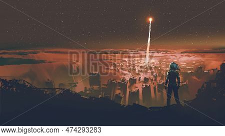 Woman Standing On Top Of A Hill Looking At The Red Flare In The City Below, Digital Art Style, Illus