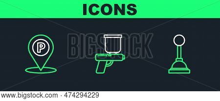 Set Line Gear Shifter, Location With Parking And Paint Spray Gun Icon. Vector
