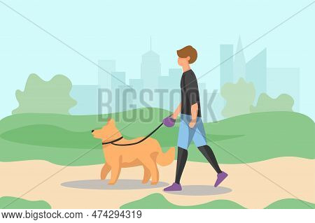 Healthy Family Poster. Man Walking In City Park With Dog. Puppy With Owner Outdoor Together, Activit