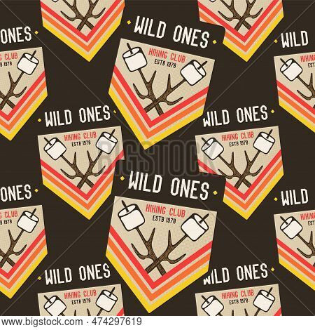 Camping Seamless Pattern. Travel Wallpaper With Outdoor Adventure Badges. Stock Vector Wallpaper Bac