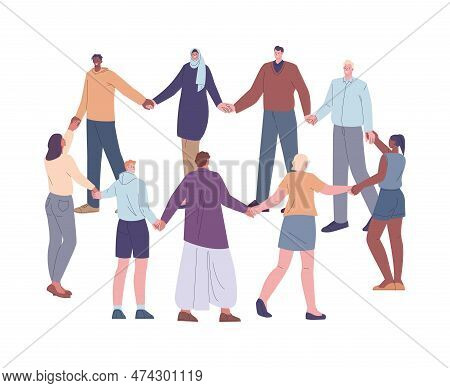 People Round Dance, Friends Group Circle. Community Dancing, International Friendship. Person Holdin