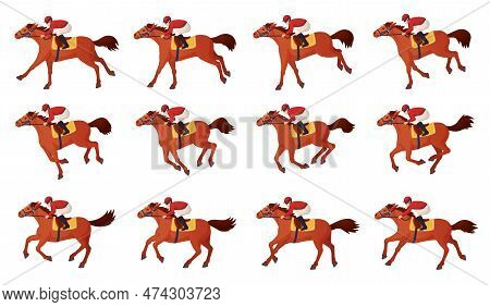 Horse Rider Animation. Cavalier Riding Motion Frames Cycle, Jockey Galloping Or Trot Running Horses,