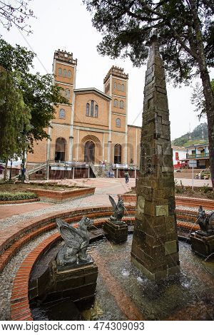 Jerico, Antioquia - Colombia - April 04, 2023. Virgin Of Mercedes Cathedral, Located In The Main Par