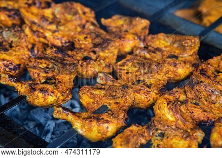 Cooking Chicken Skew Kebab Barbeque. Traditional Indian And Paksitan Dish Cooked On Charcoal And Fla
