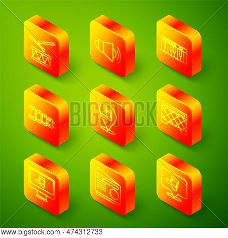 Set Line Drum With Drum Sticks, Megaphone, Music Synthesizer, Xylophone, Location Musical Note, Guit