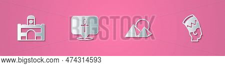 Set Paper Cut Egyptian House, Cross Ankh, Pyramids And Nefertiti Icon. Paper Art Style. Vector