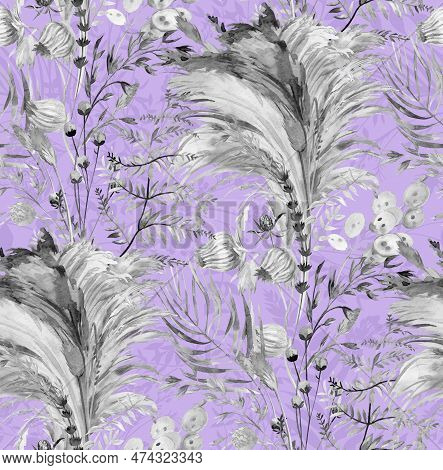 Seamless Monochrome Pattern With Herbs And Pampas Grass And Dried Flowers Painted For Textile