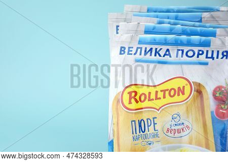 Rollton Instant Mashed Potatoes On A Blue Background. Fast Food, Junk Food.