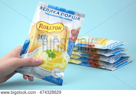 Rollton Instant Mashed Potatoes On A Blue Background. Fast Food, Junk Food.