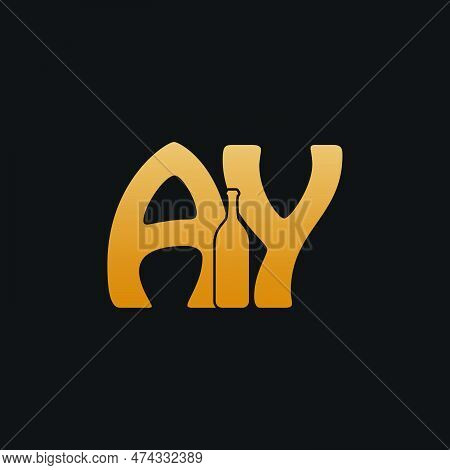Letter Ay Logo With Wine Bottle Design Vector Illustration On Black Background. Wine Glass Letter Ay