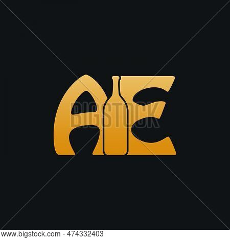 Letter Ae Logo With Wine Bottle Design Vector Illustration On Black Background. Wine Glass Letter Ae