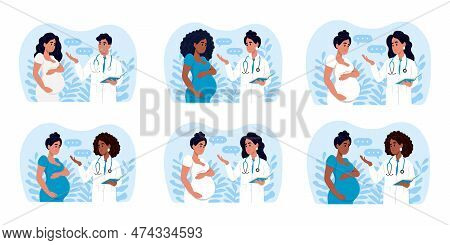 Doctors And Pregnant Women Of Different Races And Ages. Male And Female Doctors Talking To Patients 