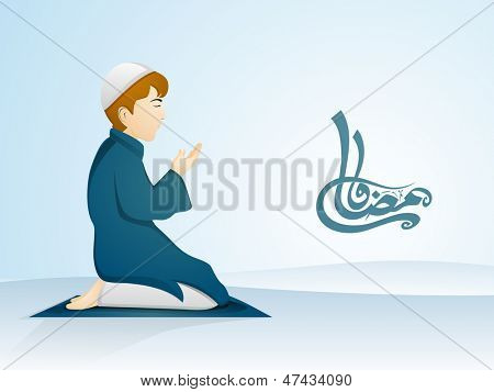 Arabisk islamisk kalligrafi tekst Ramadan Kareem med illustration af en muslimsk dreng i traditionelle o