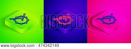 Isometric Line Drum With Drum Sticks Icon Isolated On Green, Blue And Pink Background. Music Sign. M