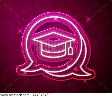 Glowing Neon Line Graduation Cap In Speech Bubble Icon Isolated On Red Background. Graduation Hat Wi