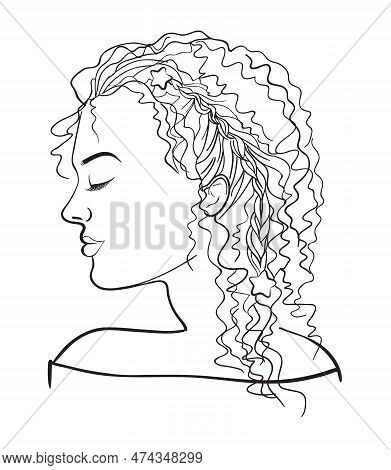 Black And White Profile Of A Girl With Wavy Hair Gathered In A Braid And Closed Eyes For Design For 
