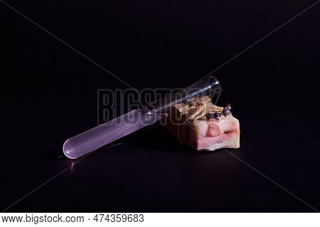Still Life With Purple Lavender Extract In A Laboratory Test Tube And A Bar Of Pink Color Homemade O