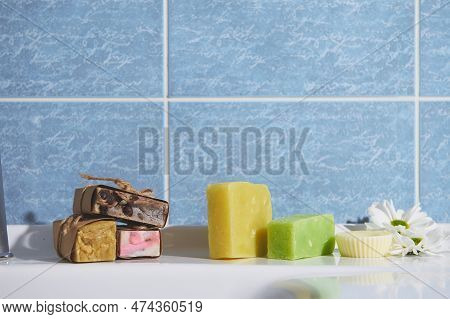 Still Life With Organic Cold Pressed Soap Bars With Herbal Ingredients And Essential Oils, For Purit