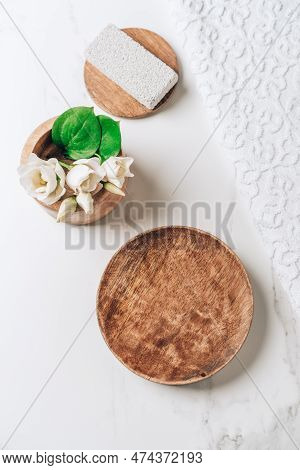 Spa Cosmetics Skincare Product Presentation Scene Made Empty Wooden Plate On White Bathroom Table. V