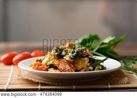 Northern Thai Food, Stir Fried Gurmar Leaf (gymnema Inodorum) With Egg, Local Food