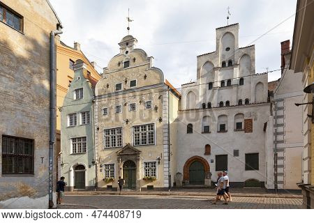Riga, Latvia - June 13 2019: The Three Brothers (latvian: Trīs Brāļi) Is A Building Complex Consisti