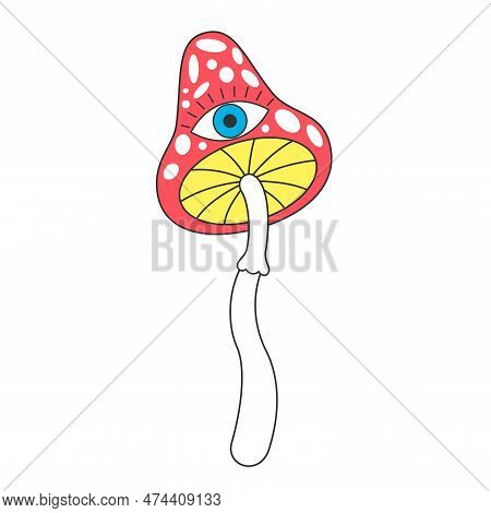 Retro Groovy Trippy Mushroom With Eye. Hippie Psychedelic Fly Agaric Fungus. Hippy Funky Toadstool. 