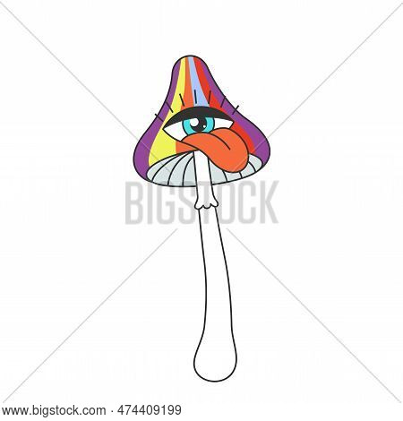Retro Groovy Trippy Mushroom With Crazy Tongue Sticking Out Of Eye. Hippie Psychedelic Weird Fly Aga