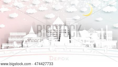 Depok Indonesia City Skyline In Paper Cut Style With White Buildings, Moon And Neon Garland. Vector 