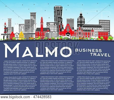Malmo Sweden City Skyline With Color Buildings, Blue Sky And Copy Space. Vector Illustration. Malmo 