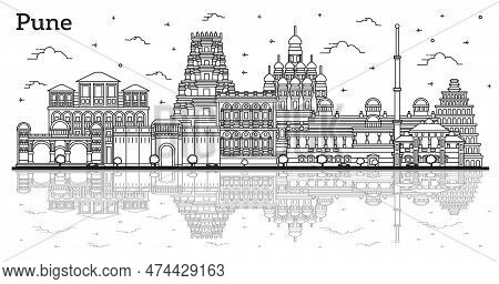 Outline Pune India City Skyline With Reflections And Historic Buildings Isolated On White. Vector Il