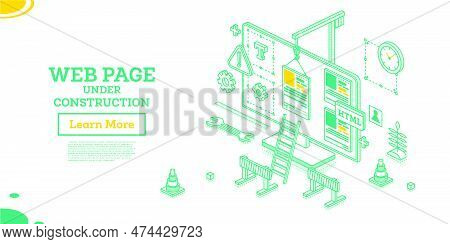 Web Page Of Website Under Construction. Vector Illustration. Isometric Outline Concept. Monitor With