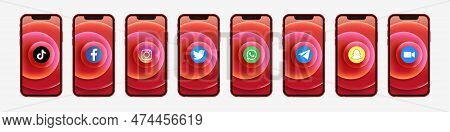 Apple Iphone 12 With Different Popular Social Media Logo - Tiktok, Instagram, Facebook, Twitter, You