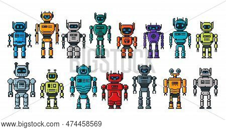 Pixel Robot Characters, 8 Bit Cartoon Robotic Droids And Androids, Vector Game Assets. Pixel Robots 