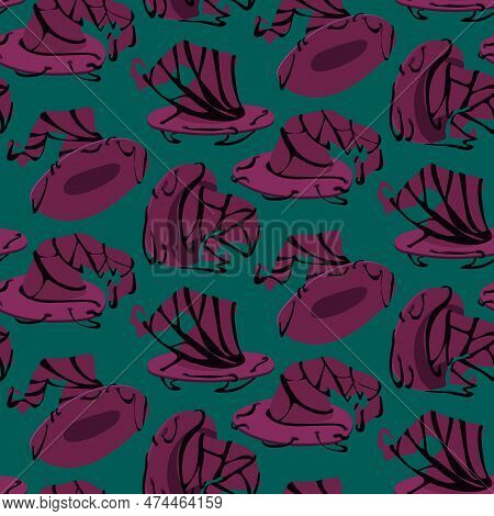 A Pattern Of Cartoon Witch Hats, Costume Elements For A Halloween Party. A Set Of Vector Illustratio
