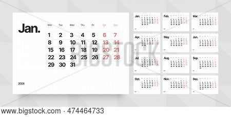 Monthly Calendar For 2024 Year. Starts On Monday.