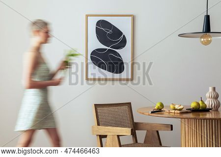 Interior Design Of Aesthetic And Elegant Room With Woman In Dress, Mock Up Poster Frame, Round Table