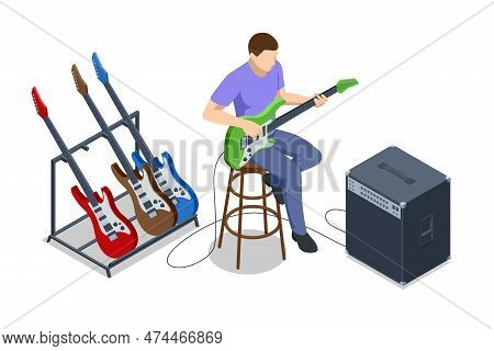 Isometric Realistic Electric Guitar. Man Playing An Electric Guitar And Combo Amp Near Isolated On W