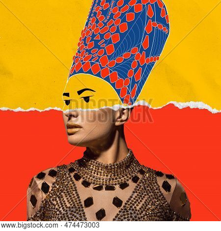Contemporary Art Collage With Doodles. Young Woman In Image Of Nefertiti In Art Performance With Dra