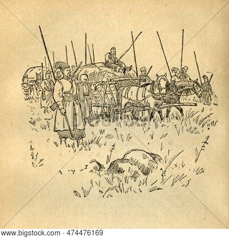 Vinnitsa, Ukraine - April 12, 2023: Circa 1646: Cossacks Near Lake Kayalnyk. The Illustration Shows 