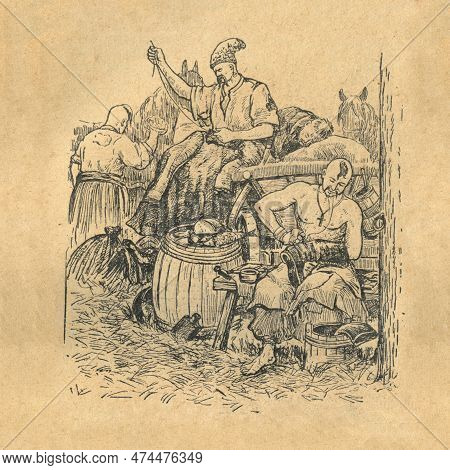 Vinnitsa, Ukraine - April 12, 2023: Circa 1647: Cossacks Patch And Sew Clothes. Cossack Dishes For L