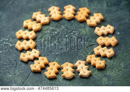 Front View Little Salted Crackers In Circle Shape On Dark Background Crisp Color Snack Cips Salt Bre