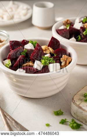 Beetroot Salad With Feta Cheese And Walnuts.