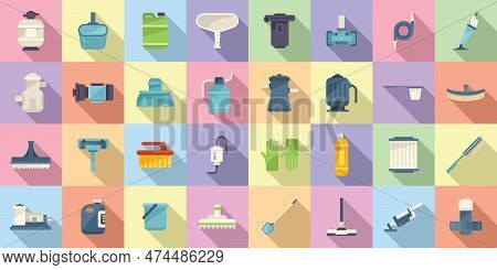 Pool Cleaning Icons Set Flat . Brush Backet. Swimming Care